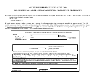 Document preview: Form DR-049O Lost or Missing Traffic Citation Option Form - Maryland