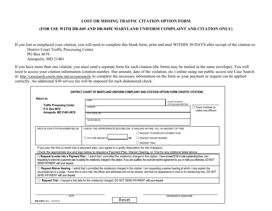 Form DR-049O Lost or Missing Traffic Citation Option Form - Maryland, Page 1