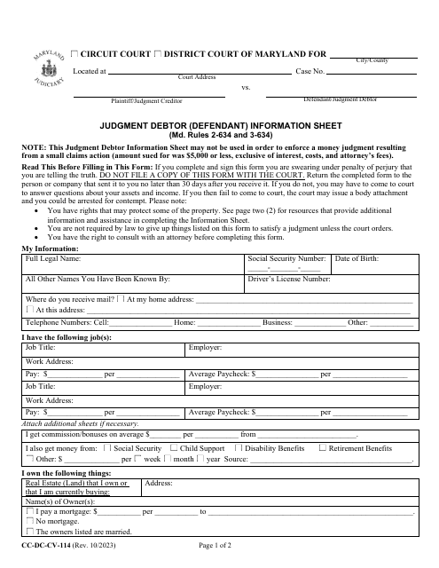 Form CC-DC-CV-114 Judgment Debtor (Defendant) Information Sheet - Maryland