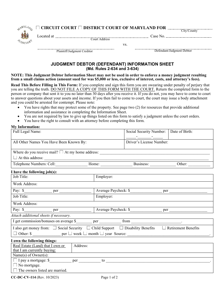 Form CC-DC-CV-114 Judgment Debtor (Defendant) Information Sheet - Maryland, Page 1