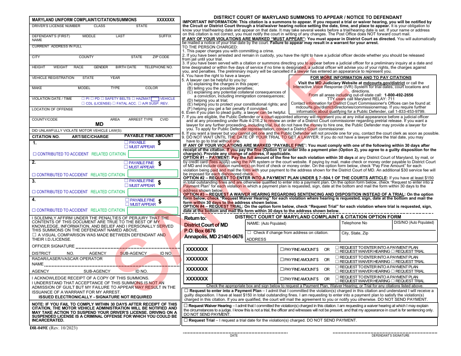 Form DR-049E Maryland Uniform Complaint and Citation - Sample - Maryland, Page 1