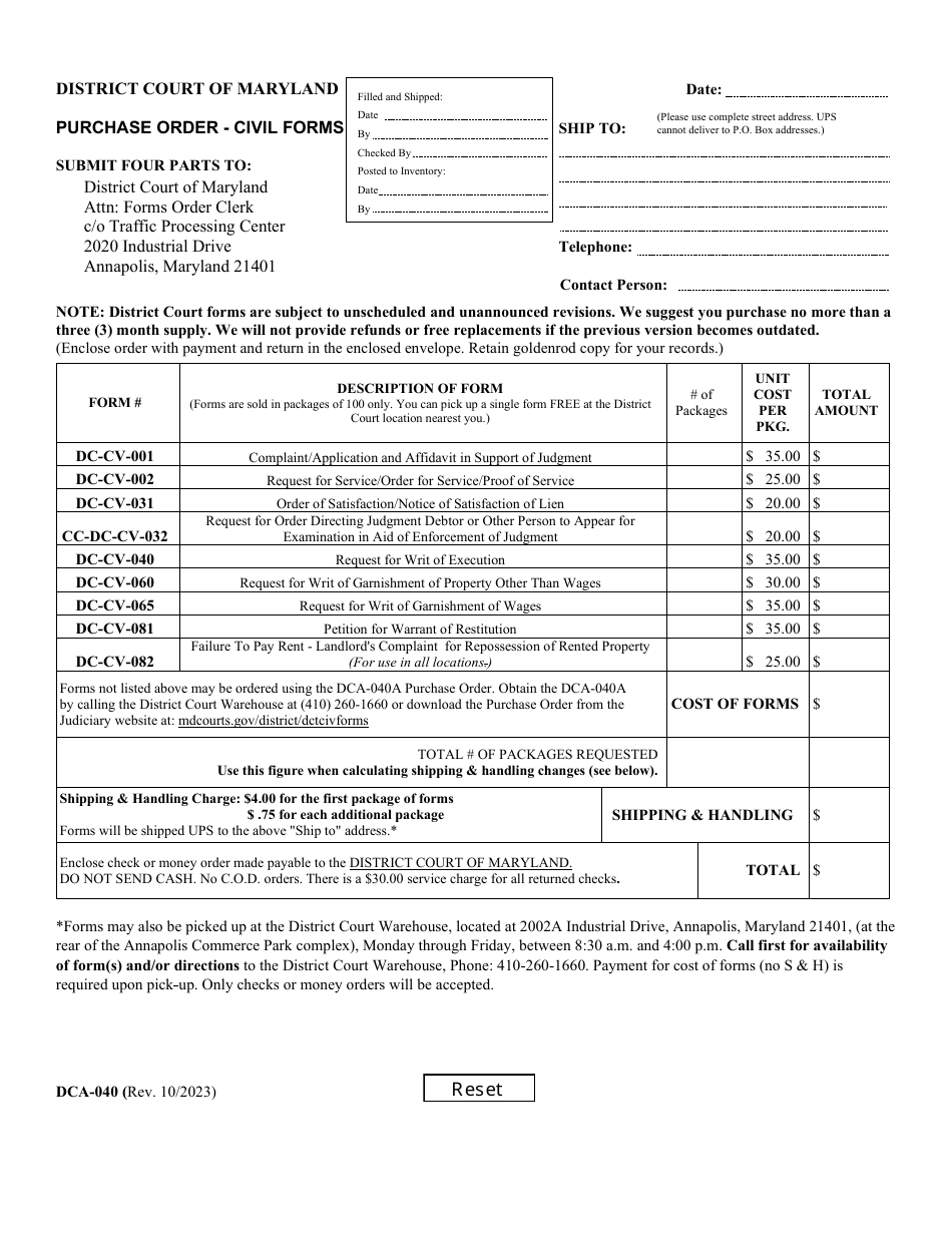 Form DCA-040 Purchase Order - Civil Forms - Maryland, Page 1