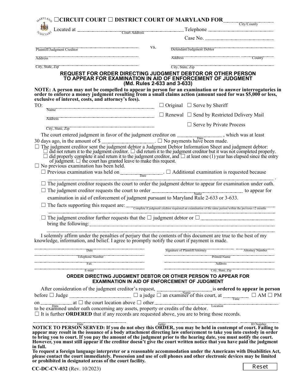 Form CC-DC-CV-032 Request for Order Directing Judgment Debtor or Other Person to Appear for Examination in Aid of Enforcement of Judgment - Maryland, Page 1