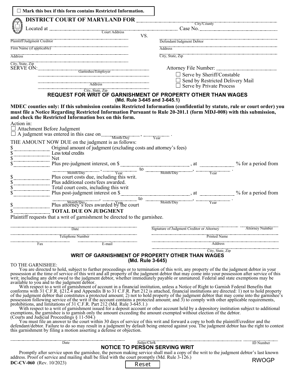 Form DC-CV-060 Request for Writ of Garnishment of Property Other Than Wages - Maryland, Page 1