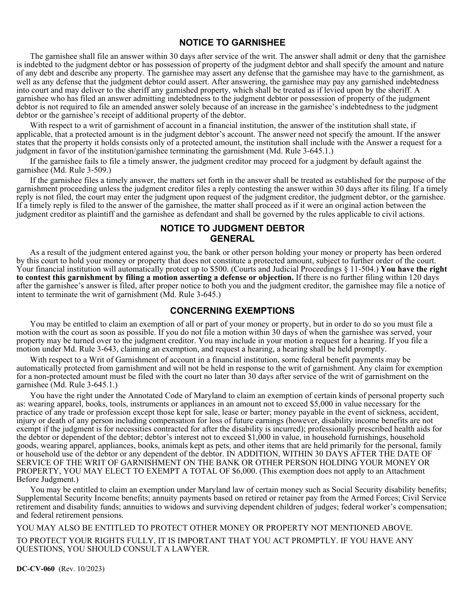 Form DC-CV-060 Request for Writ of Garnishment of Property Other Than Wages - Maryland, Page 2