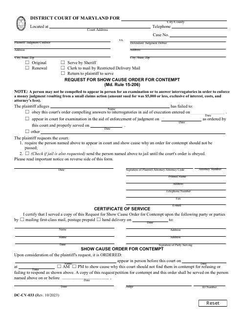 Form DC-CV-033 Request for Show Cause Order for Contempt - Maryland