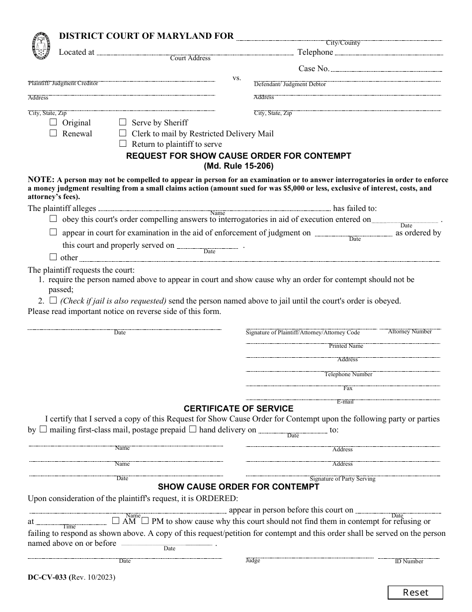 Form DC-CV-033 Request for Show Cause Order for Contempt - Maryland, Page 1