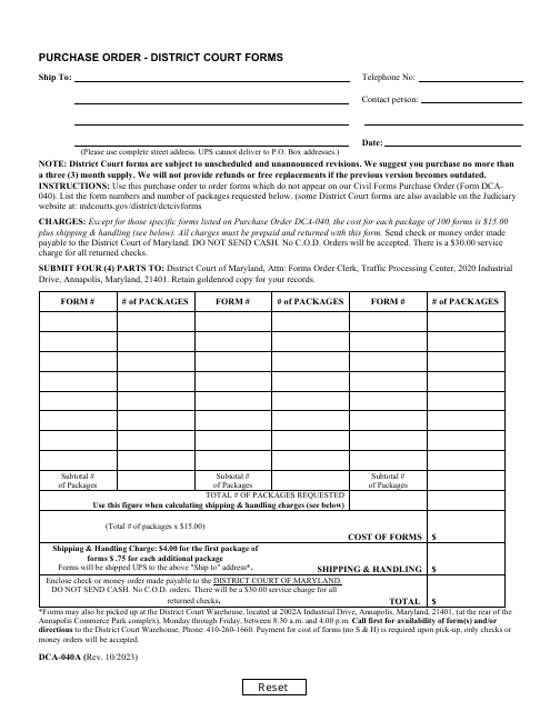 Form DCA-040A Purchase Order - Maryland