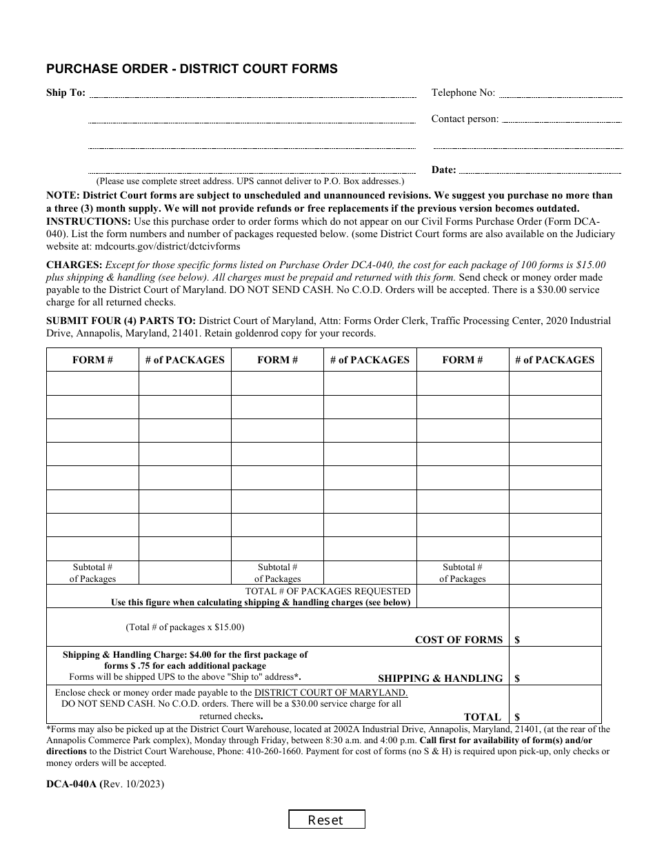 Form DCA-040A Purchase Order - Maryland, Page 1