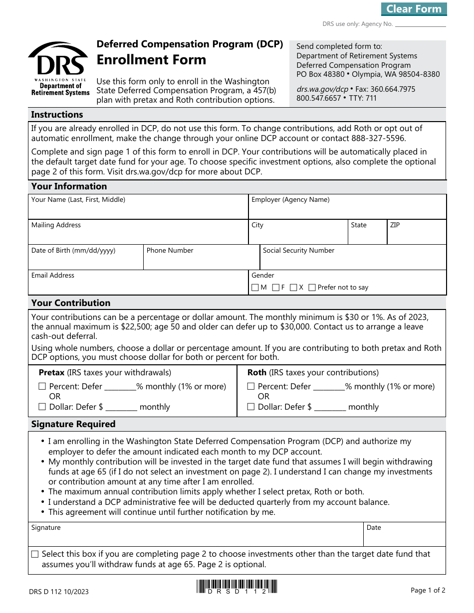 Form DRS D112 Enrollment Form - Deferred Compensation Program (Dcp) - Washington, Page 1