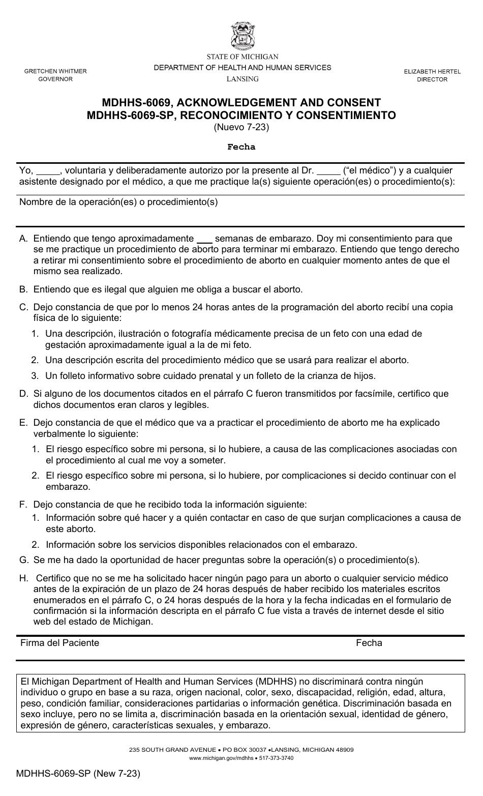Formulario MDHHS-6069-SP Reconocimiento Y Consentimiento - Michigan (Spanish), Page 1