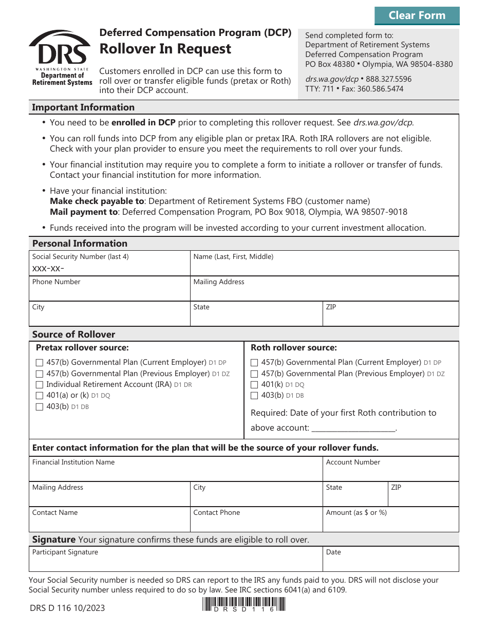 Form DRS D116 Rollover in Request - Deferred Compensation Program (Dcp) - Washington, Page 1