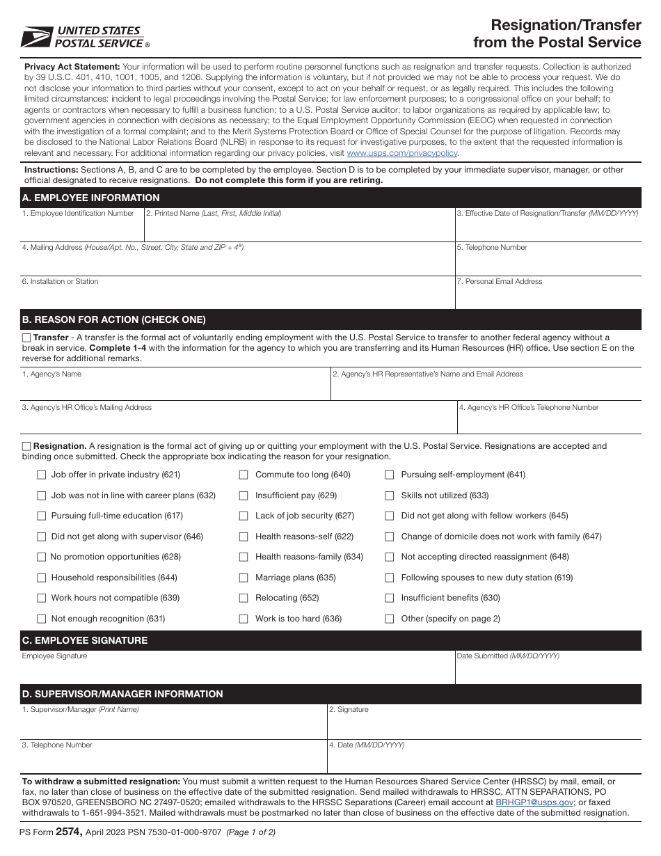 PS Form 2574 Resignation / Transfer From the Postal Service, Page 1