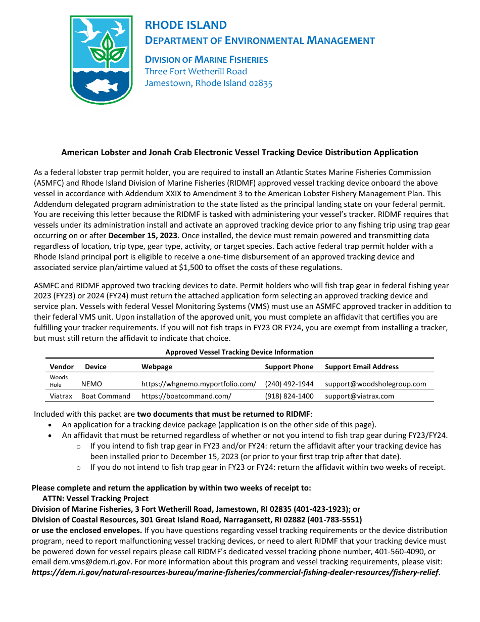 American Lobster and Jonah Crab Electronic Vessel Tracking Device Distribution Application - Rhode Island, Page 1
