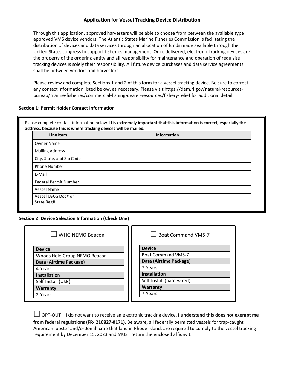 American Lobster and Jonah Crab Electronic Vessel Tracking Device Distribution Application - Rhode Island, Page 2