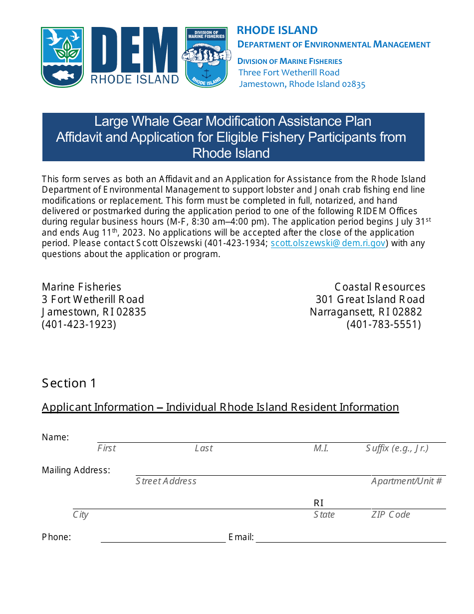 Large Whale Gear Modification Assistance Plan Affidavit and Application for Eligible Fishery Participants From Rhode Island - Rhode Island, Page 1