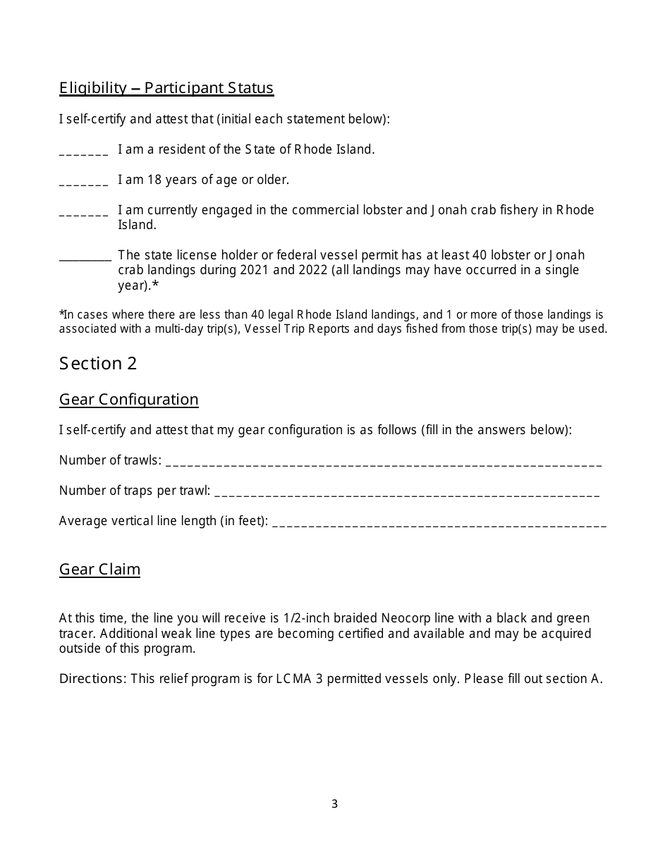 Large Whale Gear Modification Assistance Plan Affidavit and Application for Eligible Fishery Participants From Rhode Island - Rhode Island, Page 3