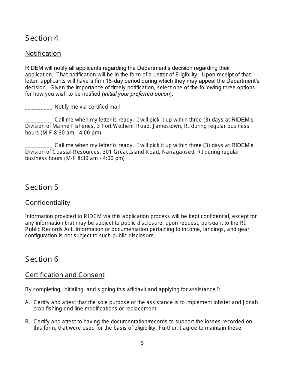 Large Whale Gear Modification Assistance Plan Affidavit and Application for Eligible Fishery Participants From Rhode Island - Rhode Island, Page 5