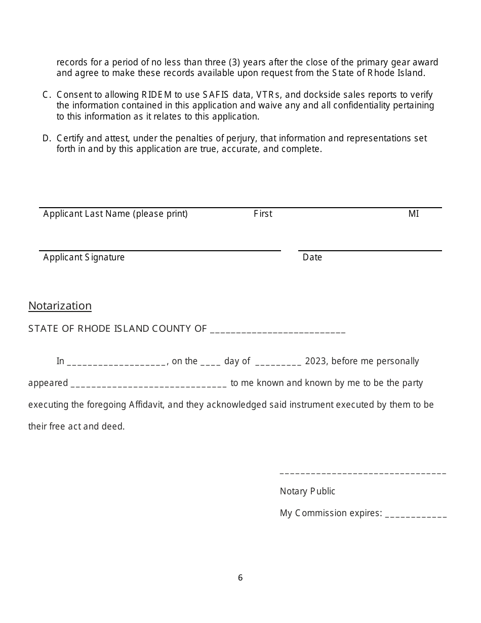 Large Whale Gear Modification Assistance Plan Affidavit and Application for Eligible Fishery Participants From Rhode Island - Rhode Island, Page 6