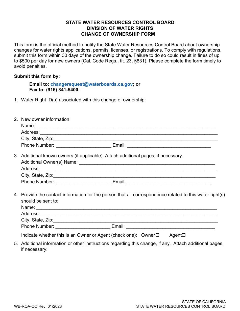 Form WB-RQA-CO Change of Ownership Form - California, Page 1