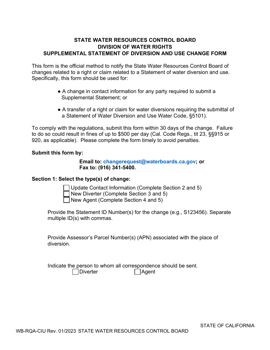 Form WB-RQA-CIU Supplemental Statement of Diversion and Use Change Form - California, Page 1