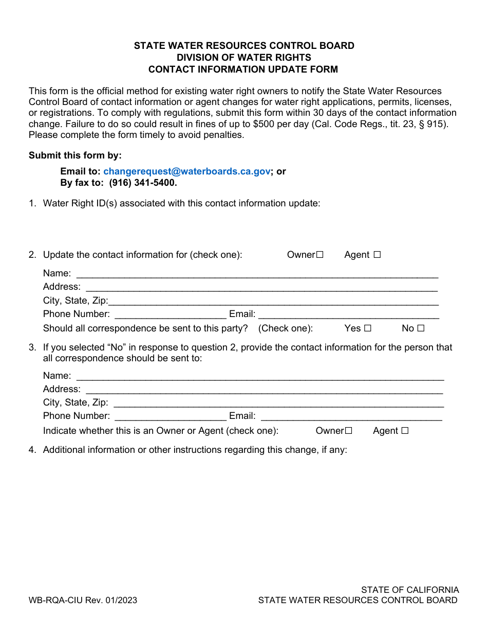 Form WB-RQA-CIU Contact Information Update Form - California, Page 1