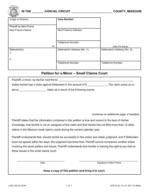 Form SC50 Petition for a Minor - Small Claims Court - Missouri