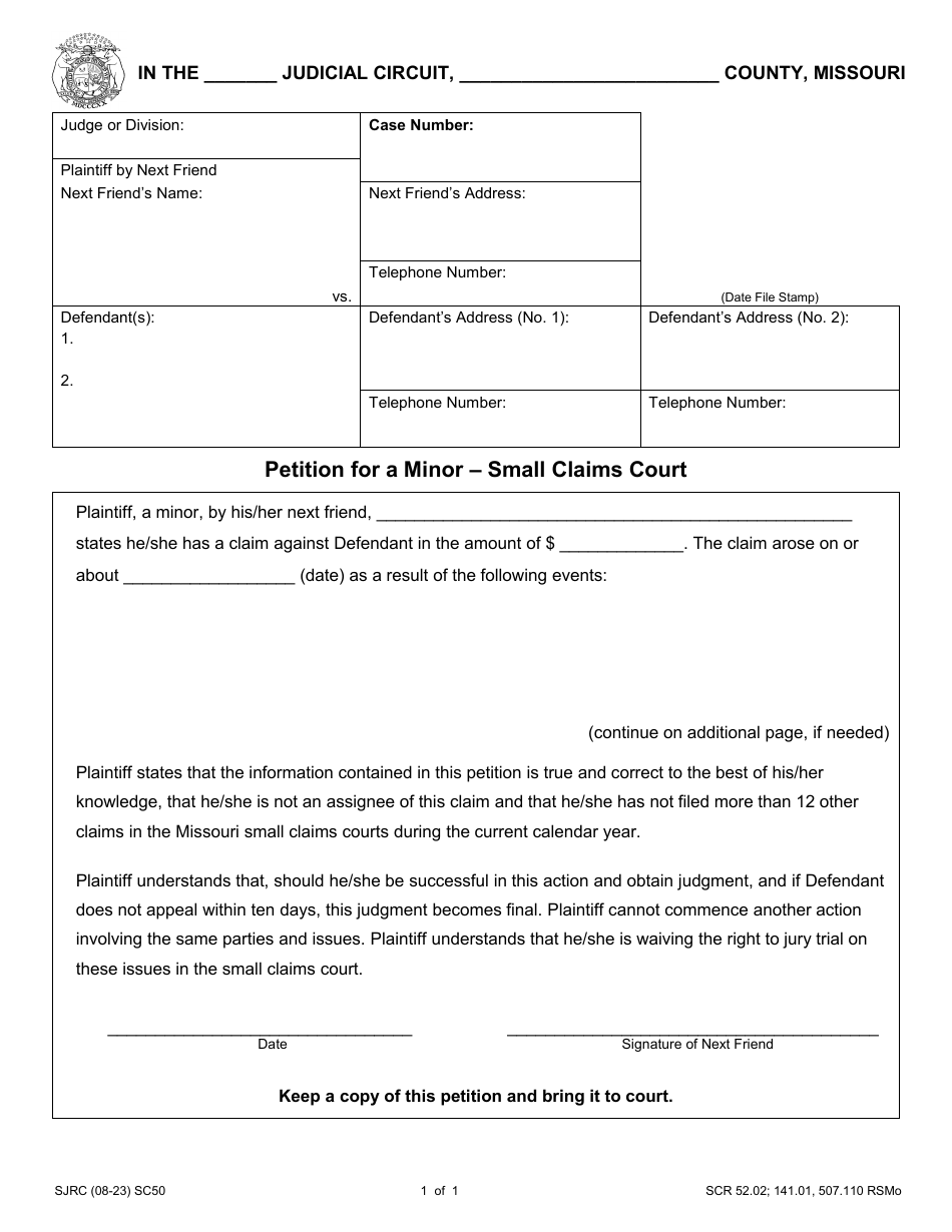 Form SC50 Petition for a Minor - Small Claims Court - Missouri, Page 1