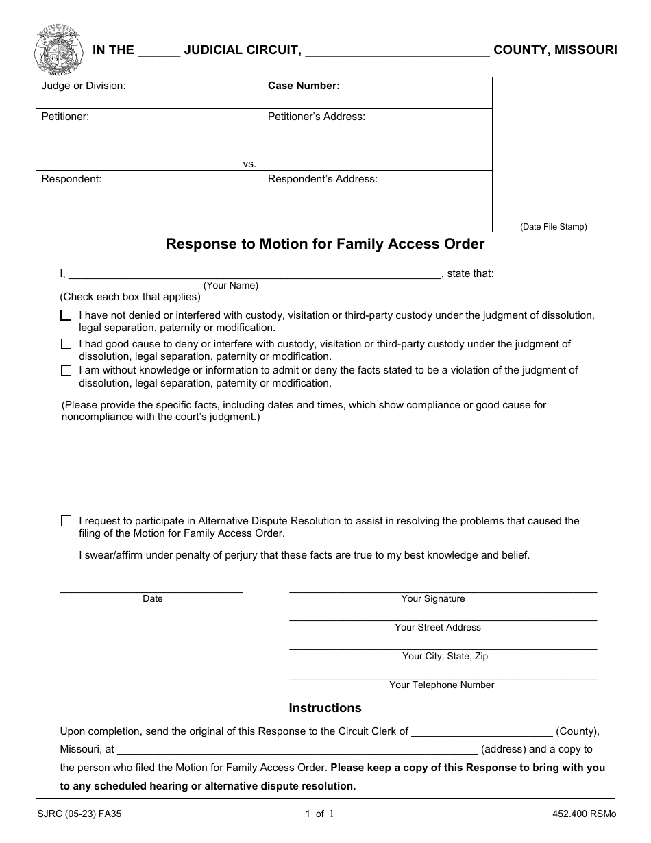 Form FA35 Response to Motion for Family Access Order - Missouri, Page 1