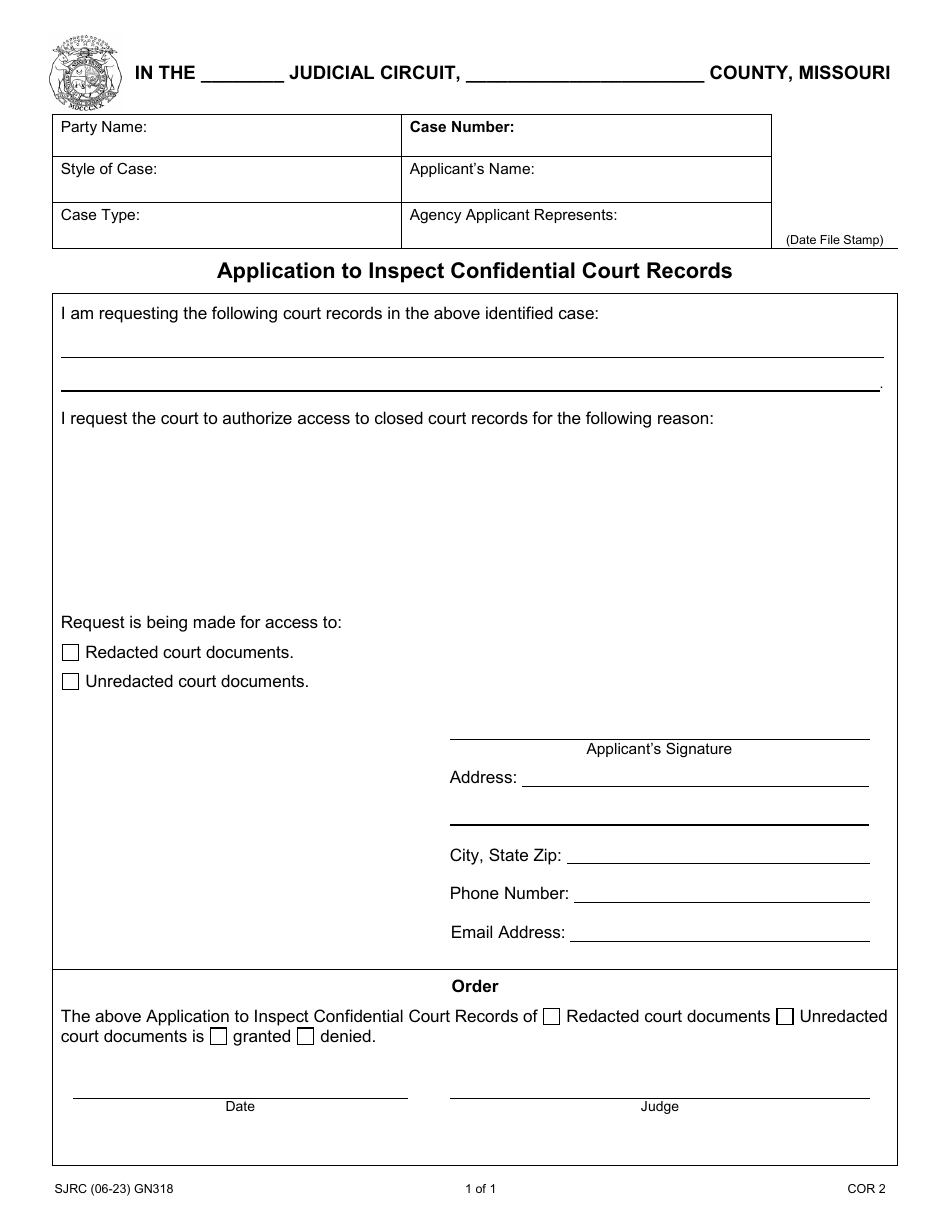 Form GN138 Application to Inspect Confidential Court Records - Missouri, Page 1