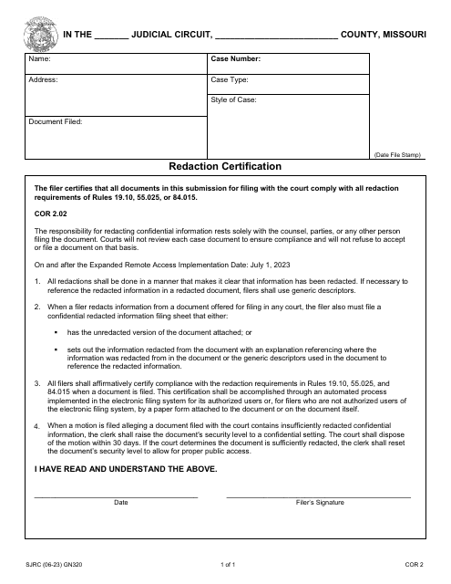 Form GN320 Redaction Certification - Missouri
