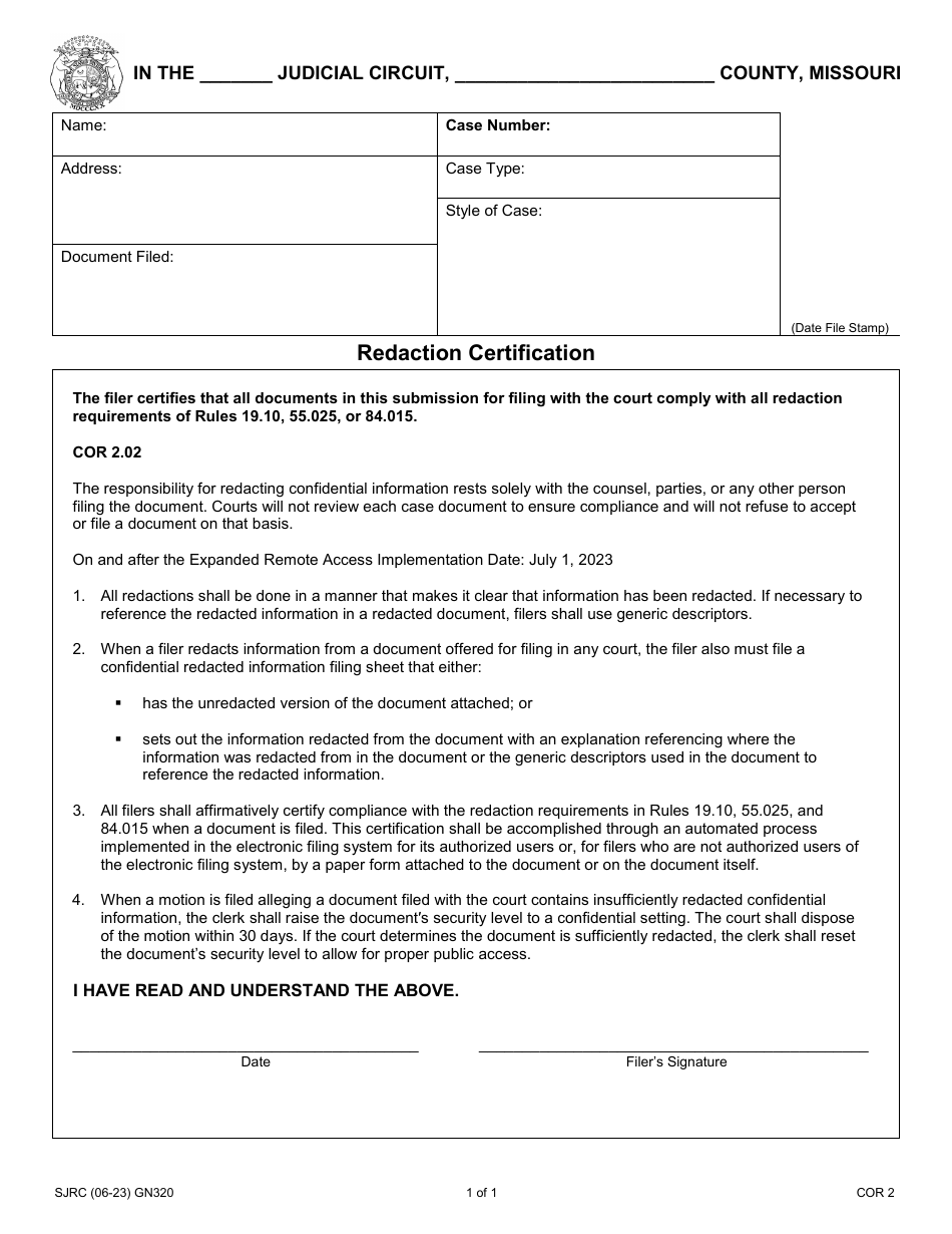 Form GN320 Redaction Certification - Missouri, Page 1