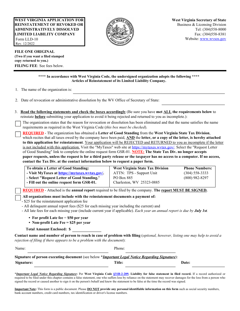 Form LLD-10 Application for Reinstatement of Revoked or Administratively Dissolved Limited Liability Company - West Virginia, Page 1