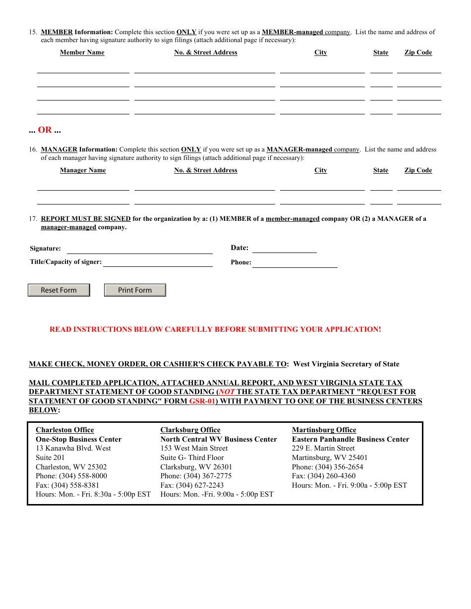 Form LLD-10 Application for Reinstatement of Revoked or Administratively Dissolved Limited Liability Company - West Virginia, Page 3
