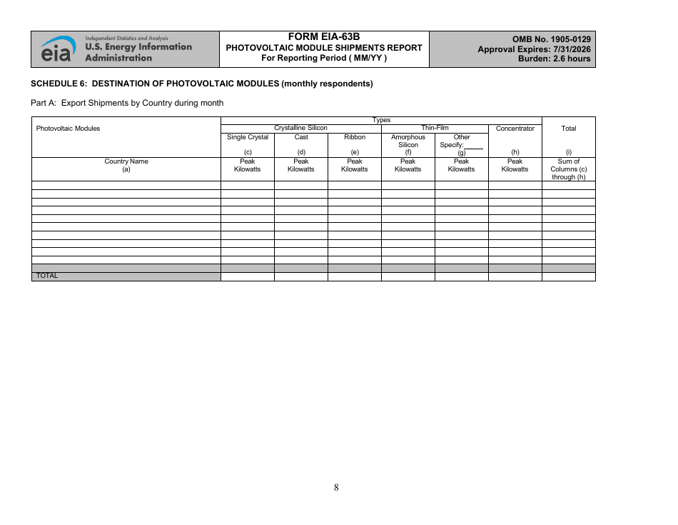 Form EIA-63B Monthly / Annual Photovoltaic Module Shipments Report, Page 8