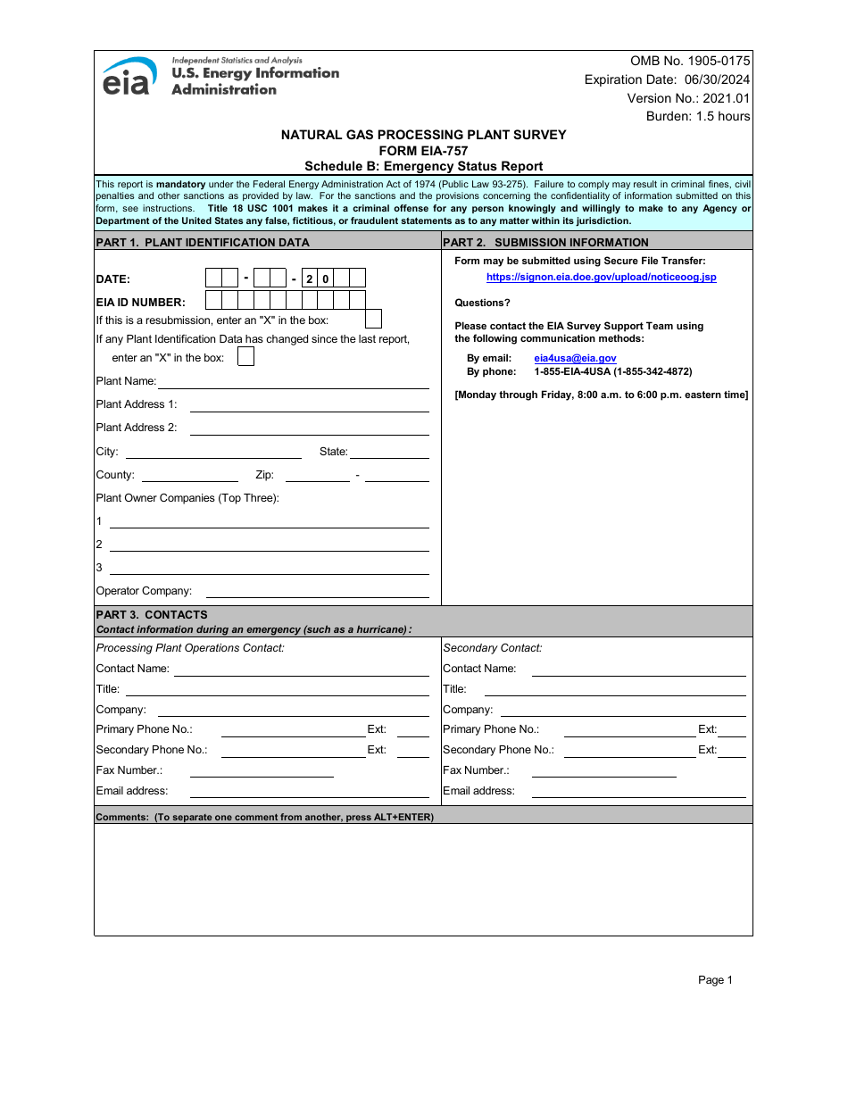 Form EIA-757 Schedule B Natural Gas Processing Plant Survey - Emergency Status Report, Page 1