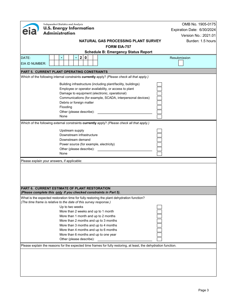 Form EIA-757 Schedule B Natural Gas Processing Plant Survey - Emergency Status Report, Page 3