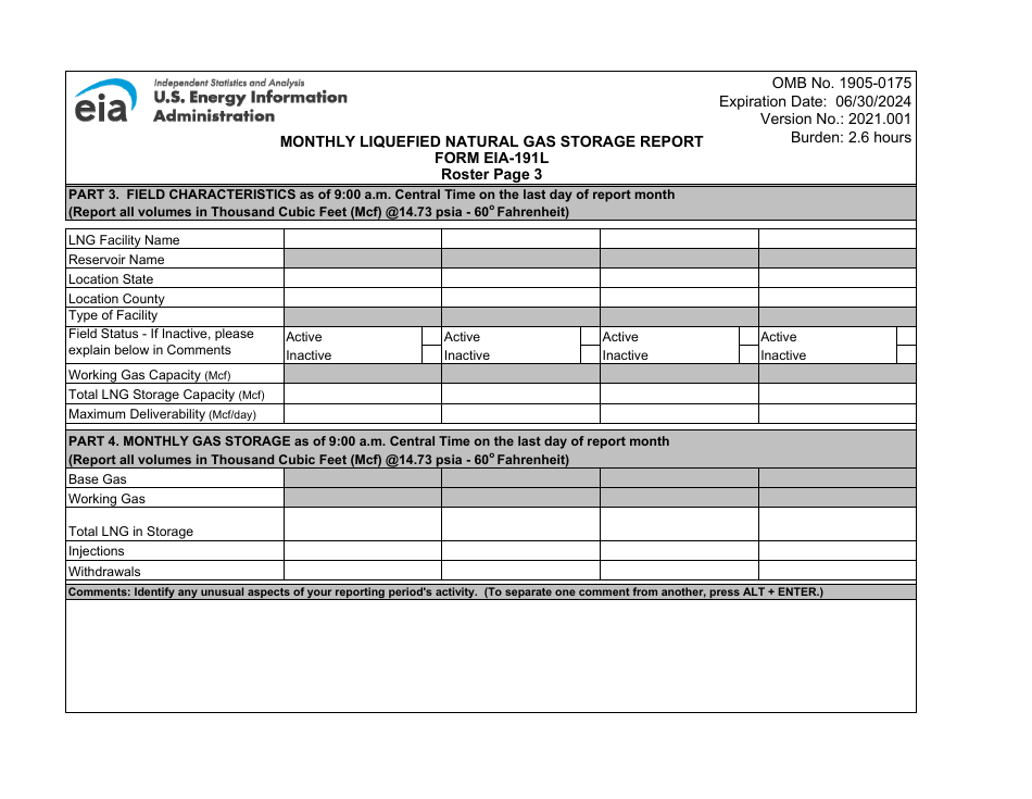 Form EIA-191L Monthly Liquefied Natural Gas Storage Report, Page 3