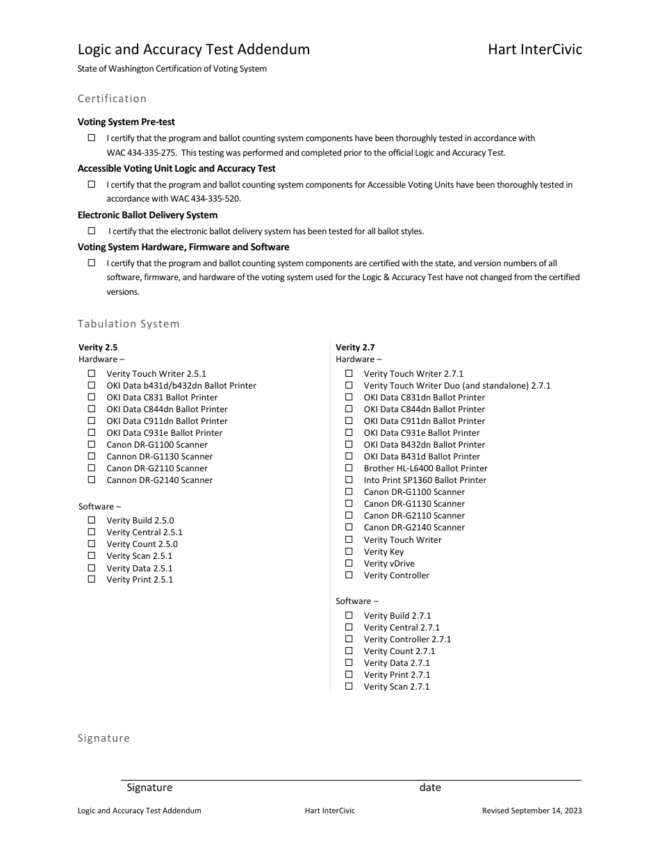 Logic and Accuracy Test Addendum - Hart Intercivic - Washington, Page 1