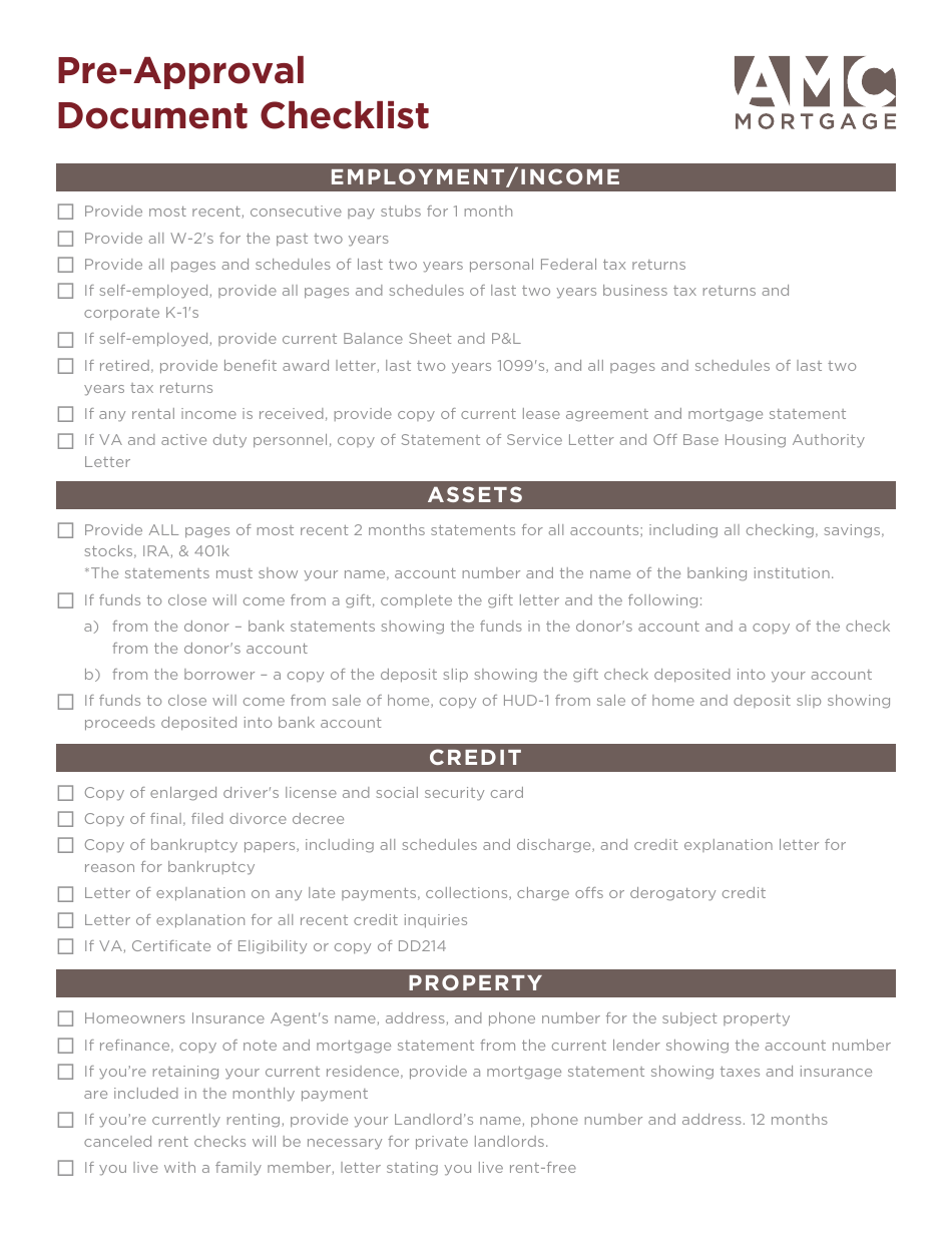 Pre-approval Document Checklist Template - AMG Mortgage
