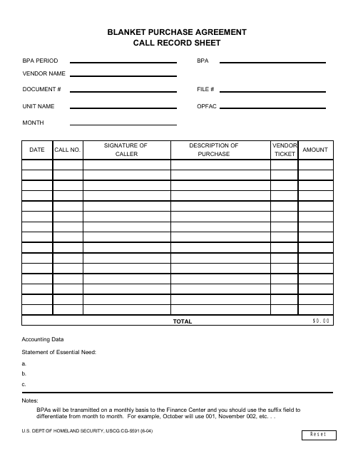 Form CG-5591 Blanket Purchase Agreement Call Record Sheet