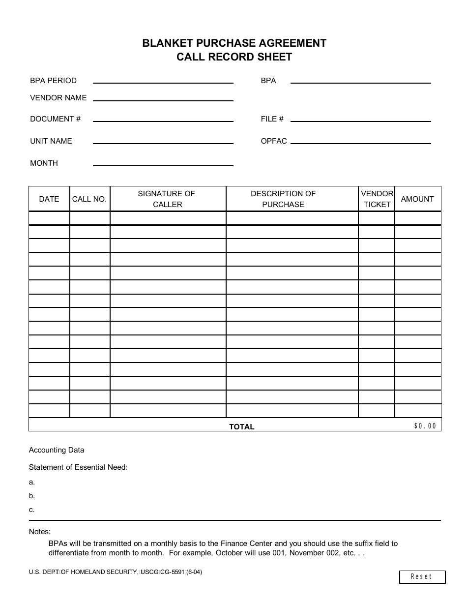Form CG-5591 Blanket Purchase Agreement Call Record Sheet, Page 1