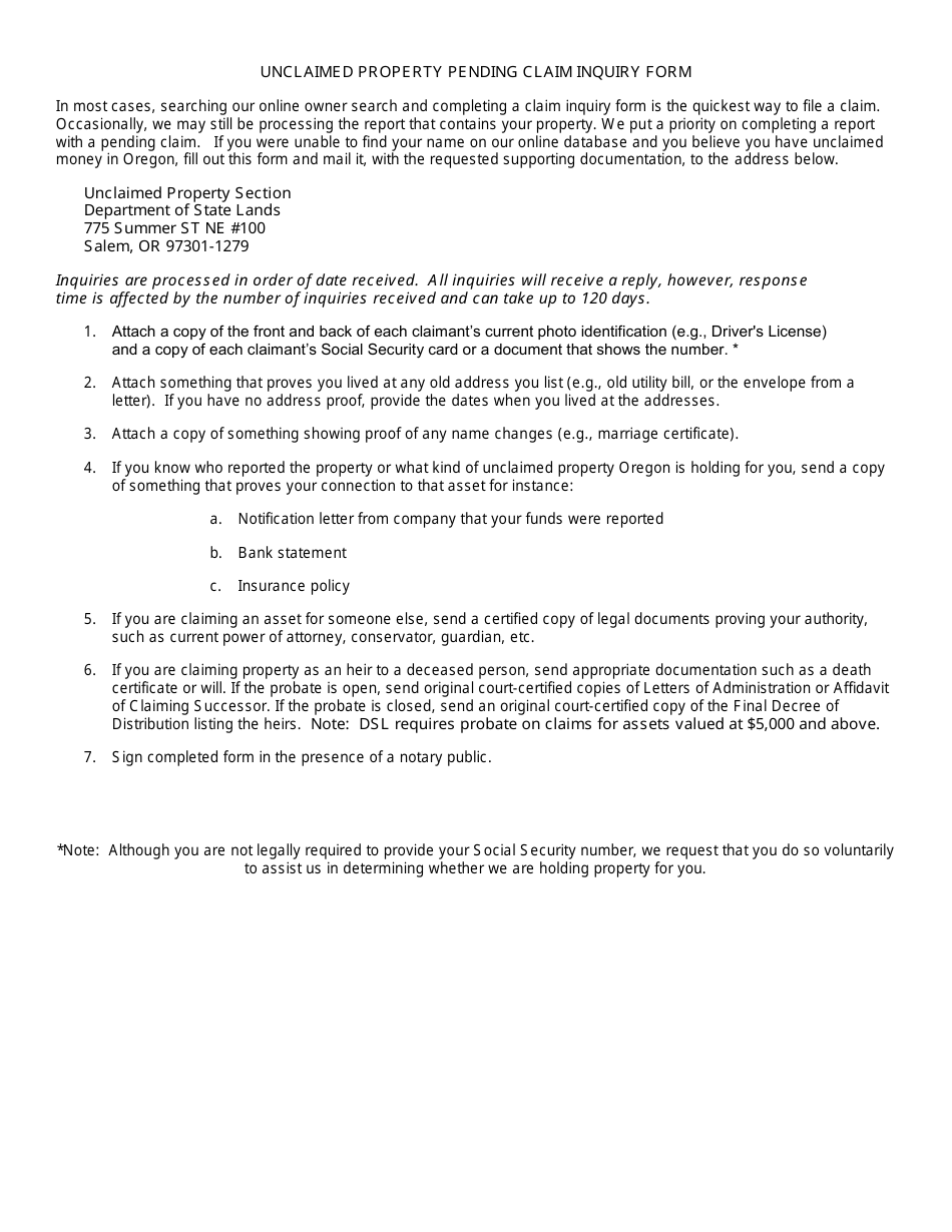 Unclaimed Property Pending Claim Inquiry Form - Oregon, Page 1