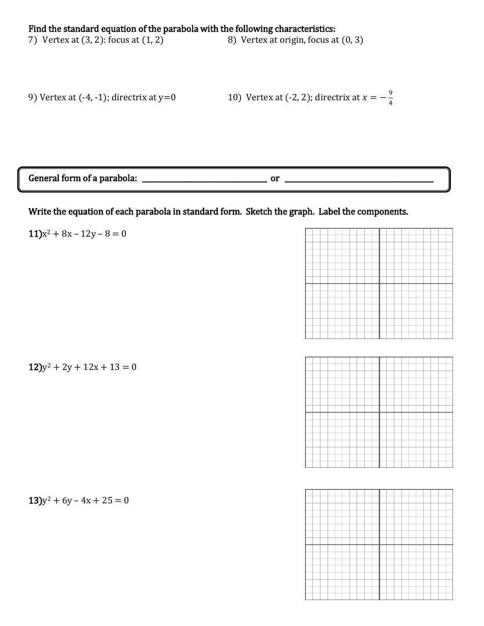 Pre-calculus / Trig 3 - 10.2: the Parabola Worksheet, Page 4