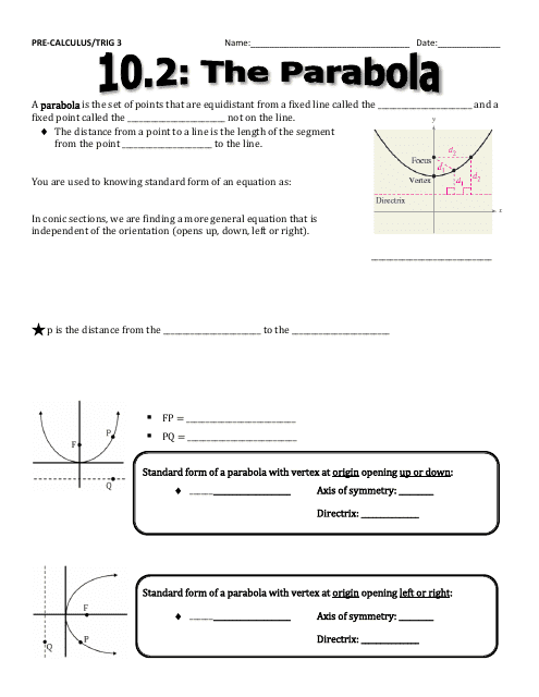 Pre-calculus/Trig 3 - 10.2: the Parabola Worksheet ...