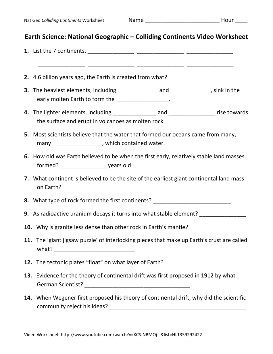 Earth Science National Geographic Colliding Continents Video Worksheet