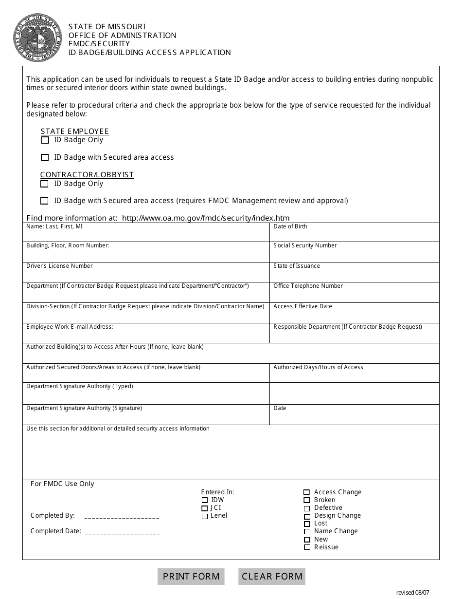 Missouri Id Badgebuilding Access Application Form Fmdcsecurity Fill Out Sign Online And 6720