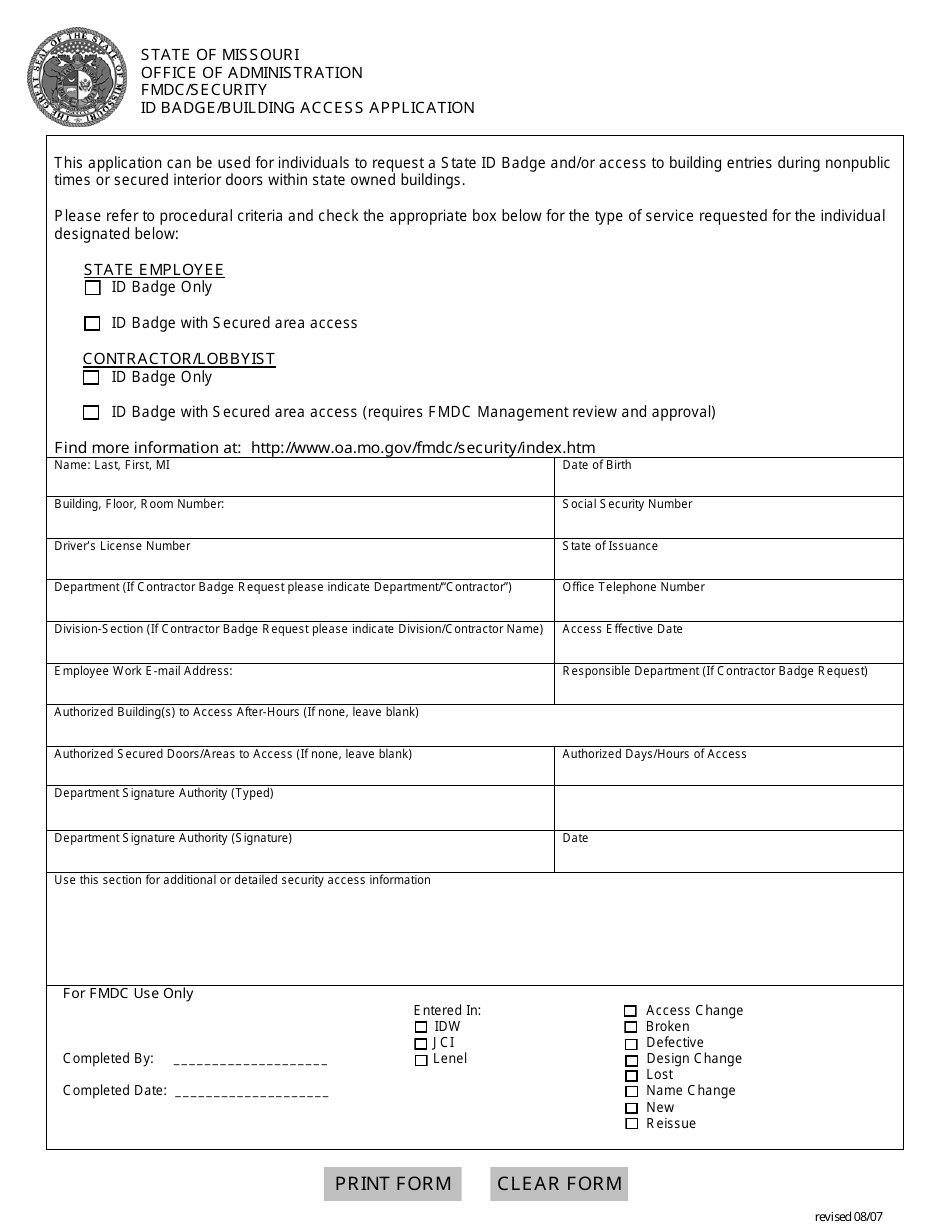 Id Badge / Building Access Application Form - Fmdc / Security - Missouri, Page 1