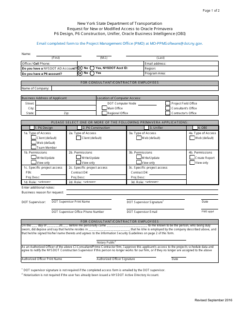 Form CONR565 Request for New or Modified Access to Oracle Primavera P6 Design, P6 Construction, Unifier, Oracle Business Intelligence (Obi) - New York