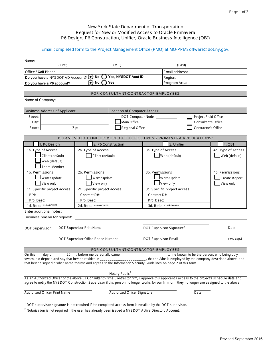 Form CONR565 Request for New or Modified Access to Oracle Primavera P6 Design, P6 Construction, Unifier, Oracle Business Intelligence (Obi) - New York, Page 1